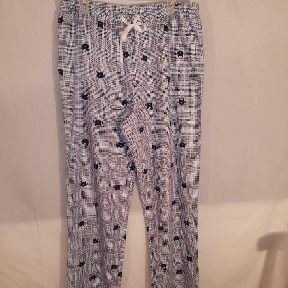 Ladies Size XL Blue/White/Pink Plaid Elastic & Tie Sleep Pants with Cat Faces
